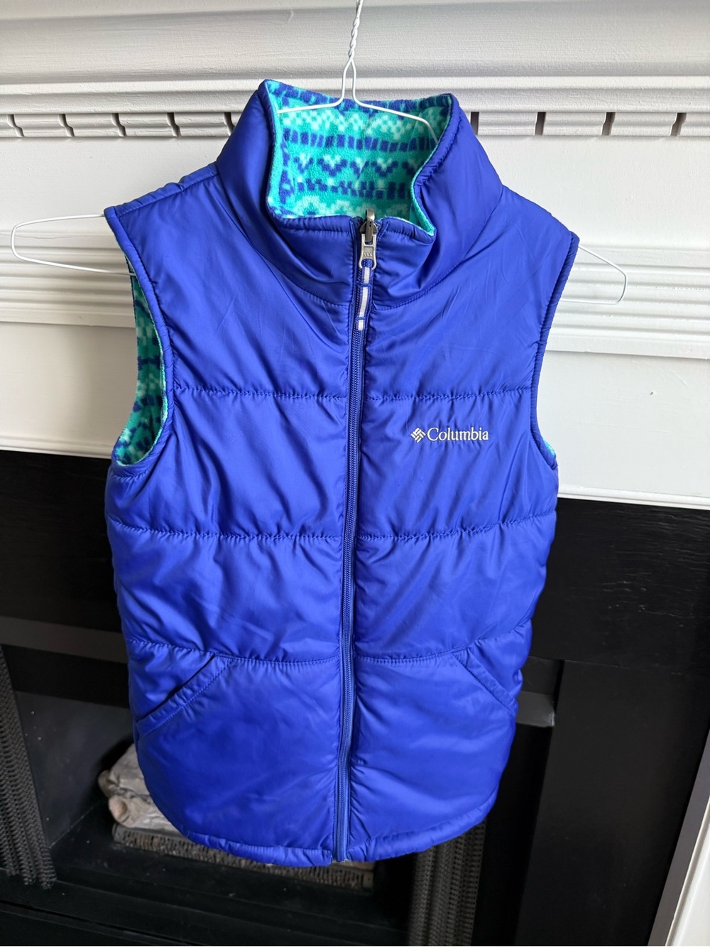 Columbia Kid’s Blue Puffer Vest with Teal Patterned Lining